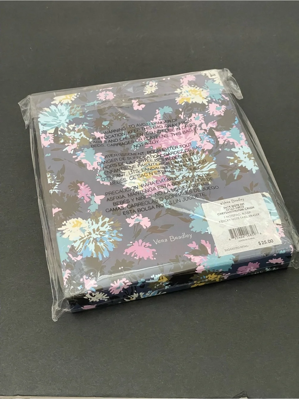 Vera Bradley Chrysanthemum Crush desk note set with sticky notes, ruler & eraser
